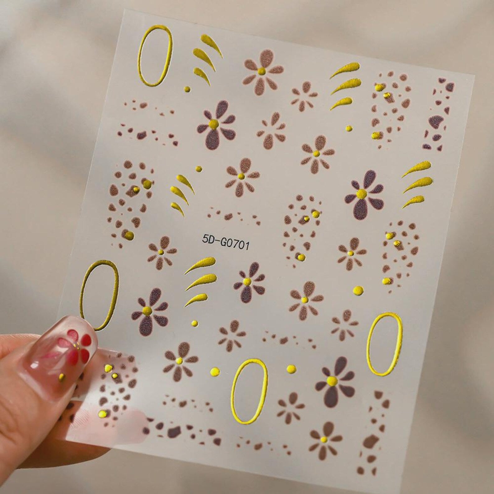 Gold Floral Nail Stickers Brown Flower and Cheetah Print Decals Elegant Embossed Nail Art Sheet