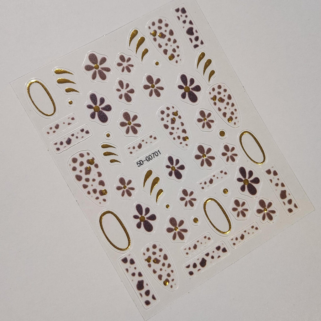 Gold Floral Nail Stickers Brown Flower and Cheetah Print Decals Elegant Embossed Nail Art Sheet