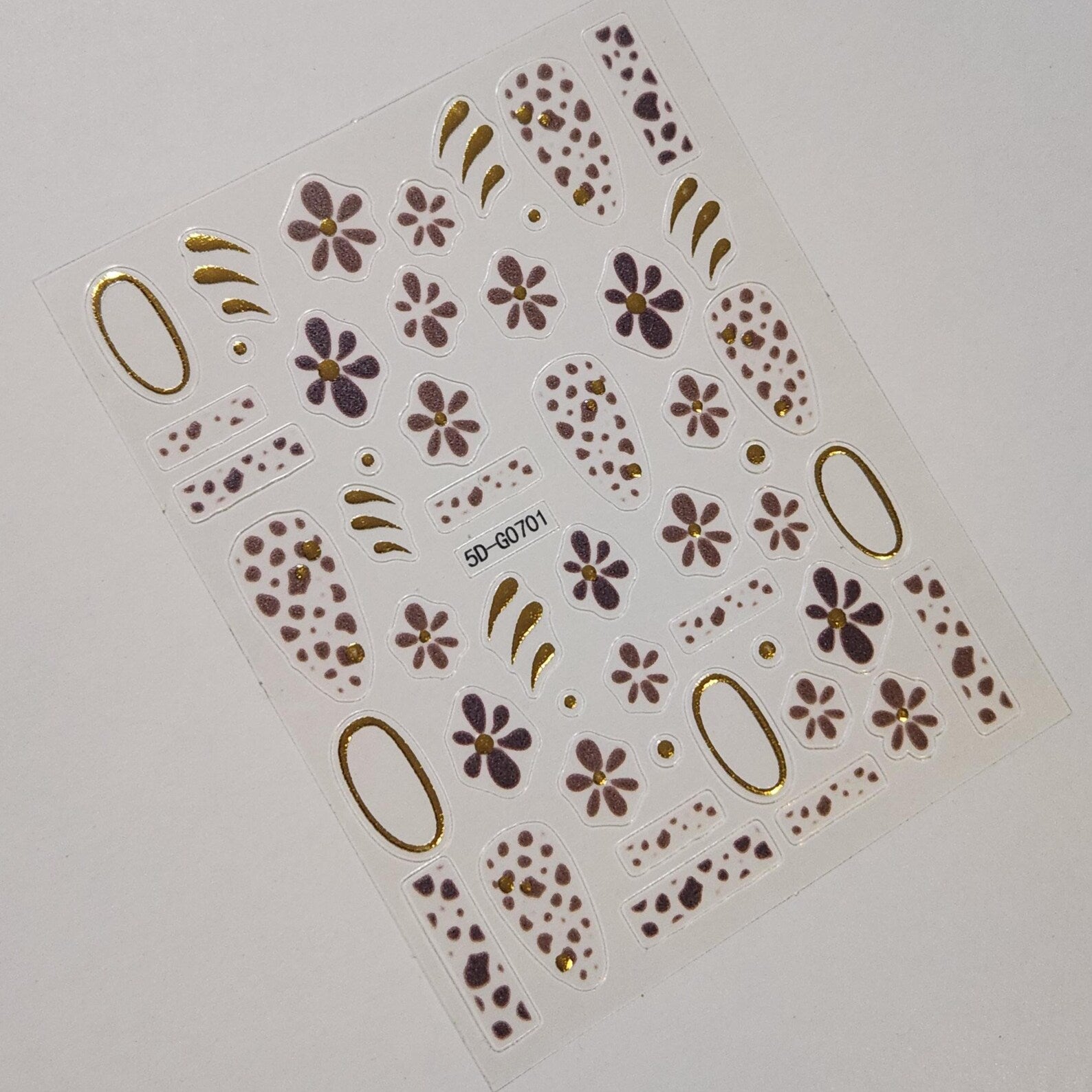 Gold Floral Nail Stickers Brown Flower and Cheetah Print Decals Elegant Embossed Nail Art Sheet