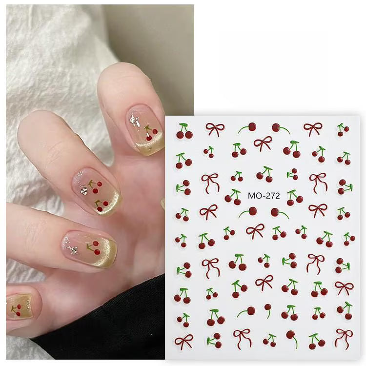 Cherry Bow Nail Sticker Decals – Cute Red Cherry Nail Art Stickers for DIY Manicure