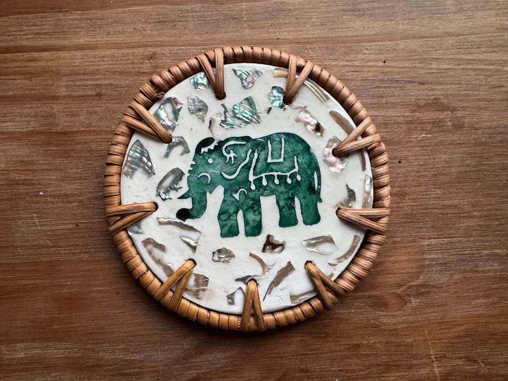 Handcrafted Mosaic Elephant Round Coaster – Shell Inlay & Floral Detail
