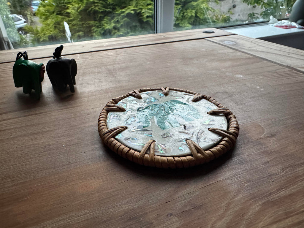 Handcrafted Mosaic Elephant Round Coaster – Shell Inlay & Floral Detail