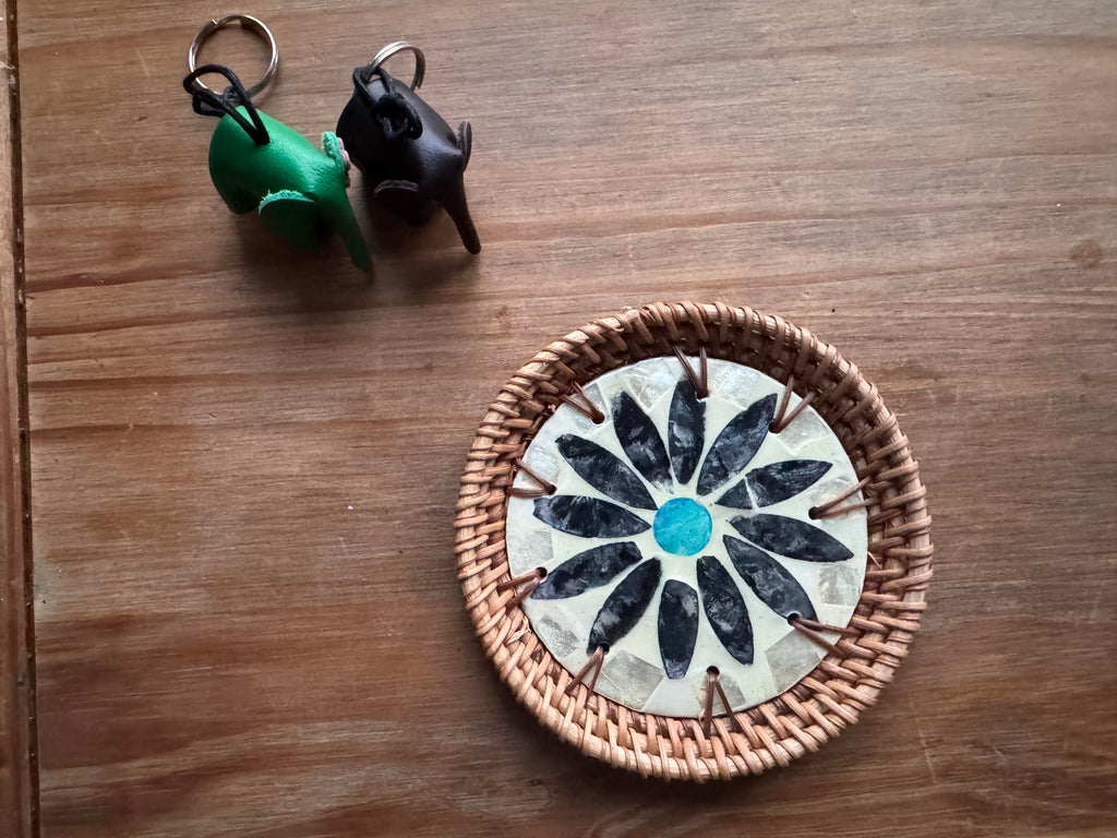Handcrafted Floral Mosaic Rattan Coaster | Mother of Pearl Thai Drink Coaster