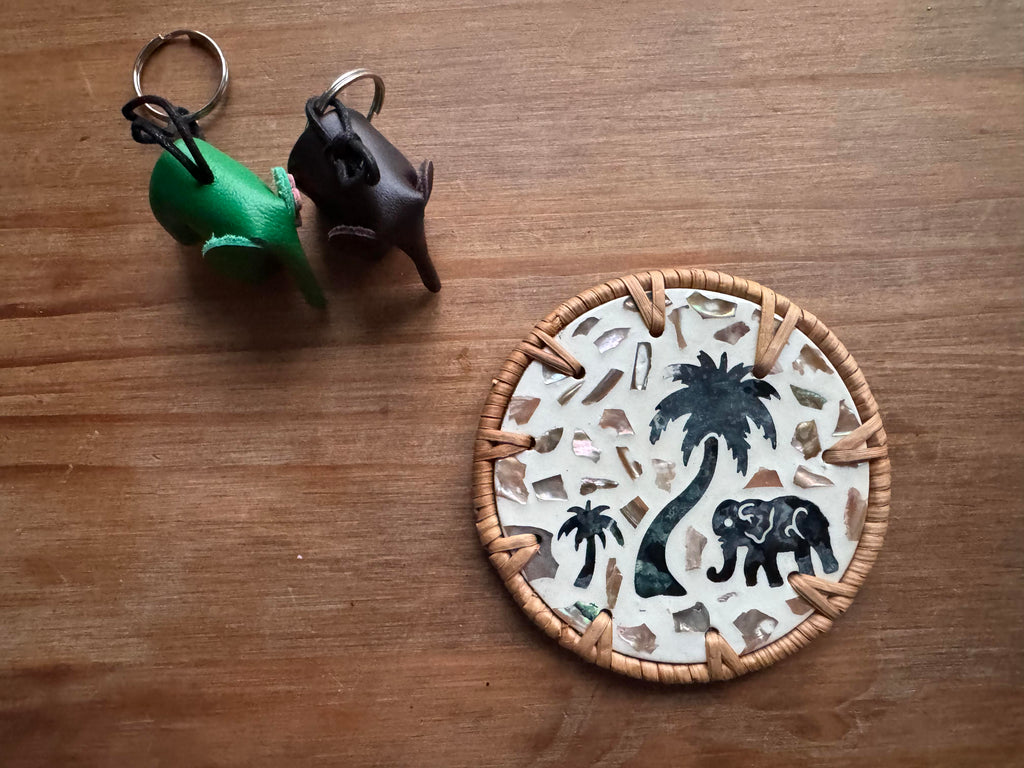 Handcrafted Palm Tree & Elephant Rattan Coaster | Tropical Thai Mother of Pearl Drink Coaster