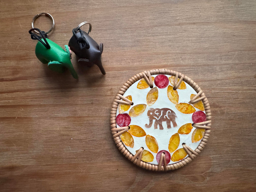 Handcrafted Autumn Leaf & Elephant Rattan Coaster | Fall Floral Thai Drink Coaster