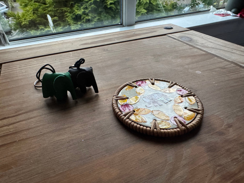 Handcrafted Autumn Leaf & Elephant Rattan Coaster | Fall Floral Thai Drink Coaster