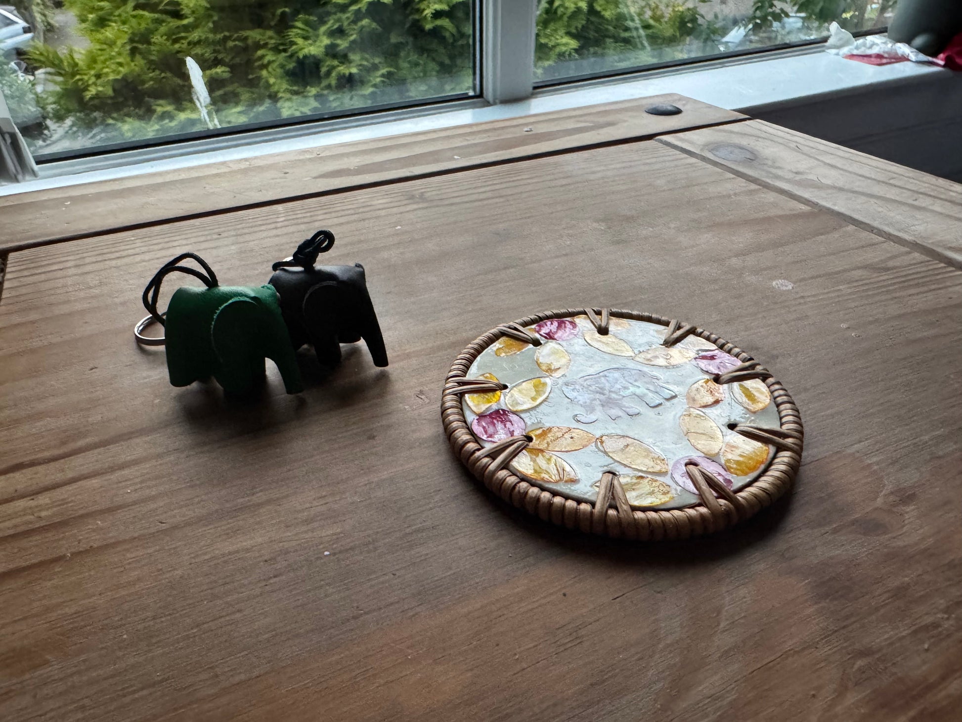 Handcrafted Autumn Leaf & Elephant Rattan Coaster | Fall Floral Thai Drink Coaster