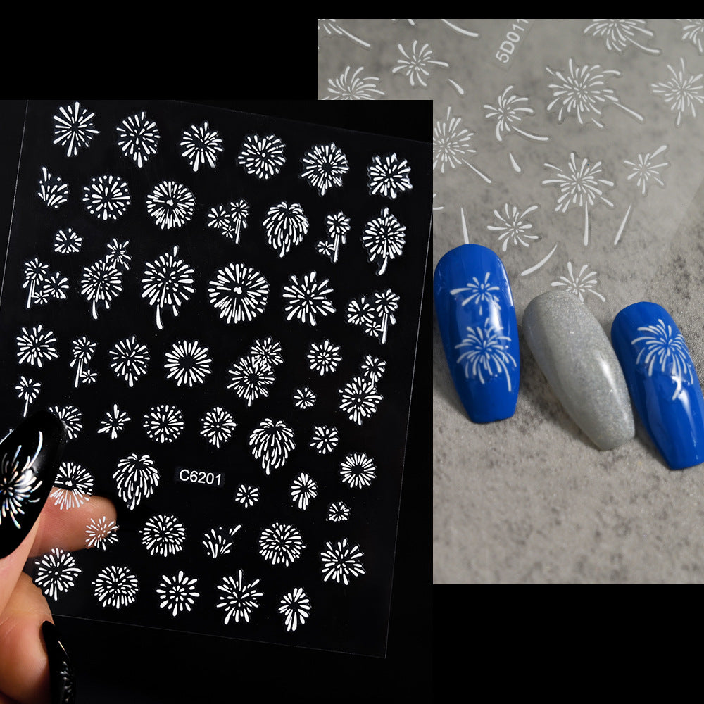 5D Embossed Firework Nail Stickers, 3D Laser silver Sparkle Firecracker Decals, New Year Festival Celebration Nail Art Wrap