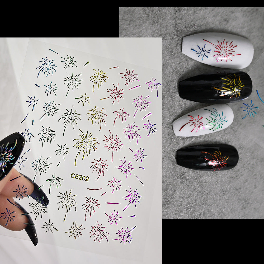 5D Embossed Firework Nail Stickers, 3D Laser silver Sparkle Firecracker Decals, New Year Festival Celebration Nail Art Wrap