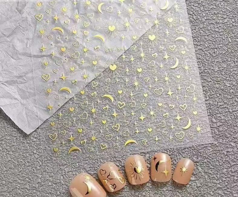 Gold Celestial Nail Stickers – Moon Star Heart Nail Art Decals