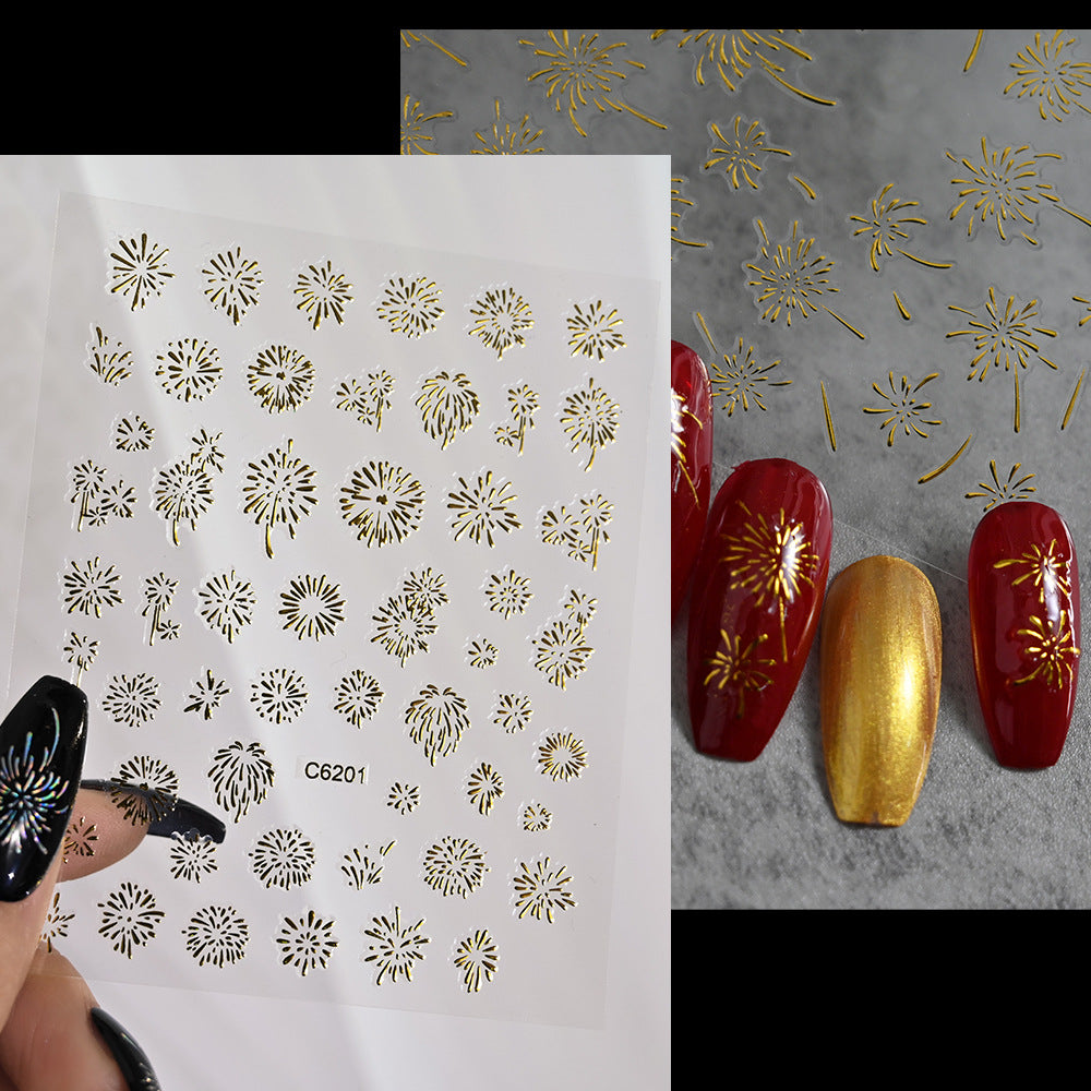 5D Embossed Firework Nail Stickers, 3D Laser silver Sparkle Firecracker Decals, New Year Festival Celebration Nail Art Wrap