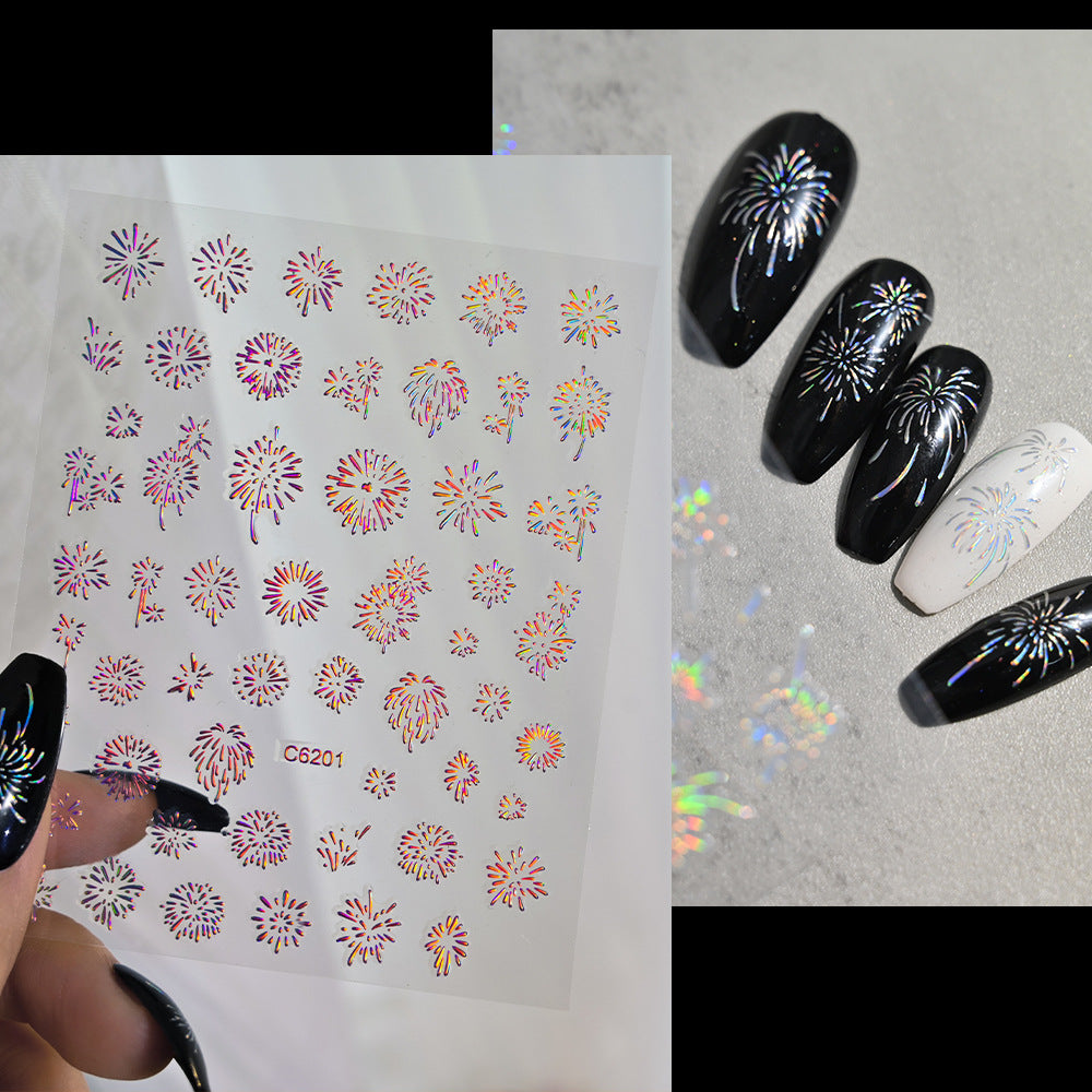 5D Embossed Firework Nail Stickers, 3D Laser silver Sparkle Firecracker Decals, New Year Festival Celebration Nail Art Wrap