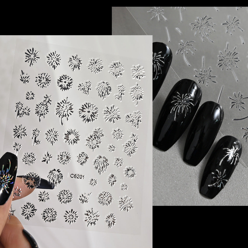 5D Embossed Firework Nail Stickers, 3D Laser silver Sparkle Firecracker Decals, New Year Festival Celebration Nail Art Wrap