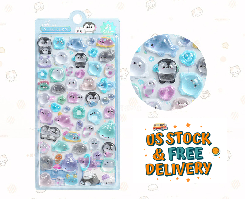 Kawaii Puffy Stickers for Kids – Cute 3D sea animal,  dolphin, penguin Stickers, Journal Deco, Planner Stickers, Gift for Girls USK003