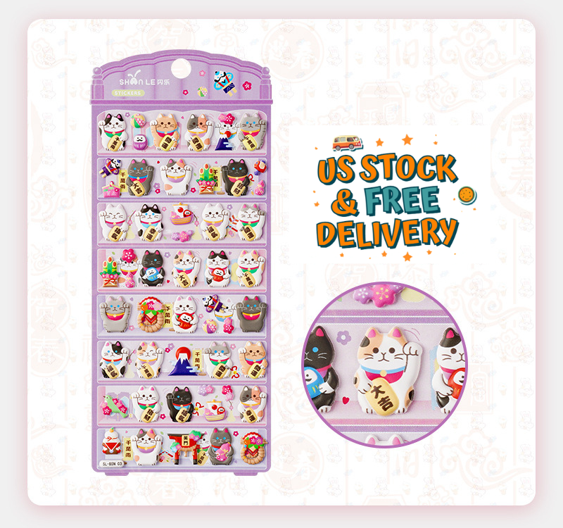 Lucky Cat Puffy Stickers – Kawaii Maneki Neko 3D Sticker Sheet for Kids, Planner, Journal, Scrapbook & Cute Stationery USK005