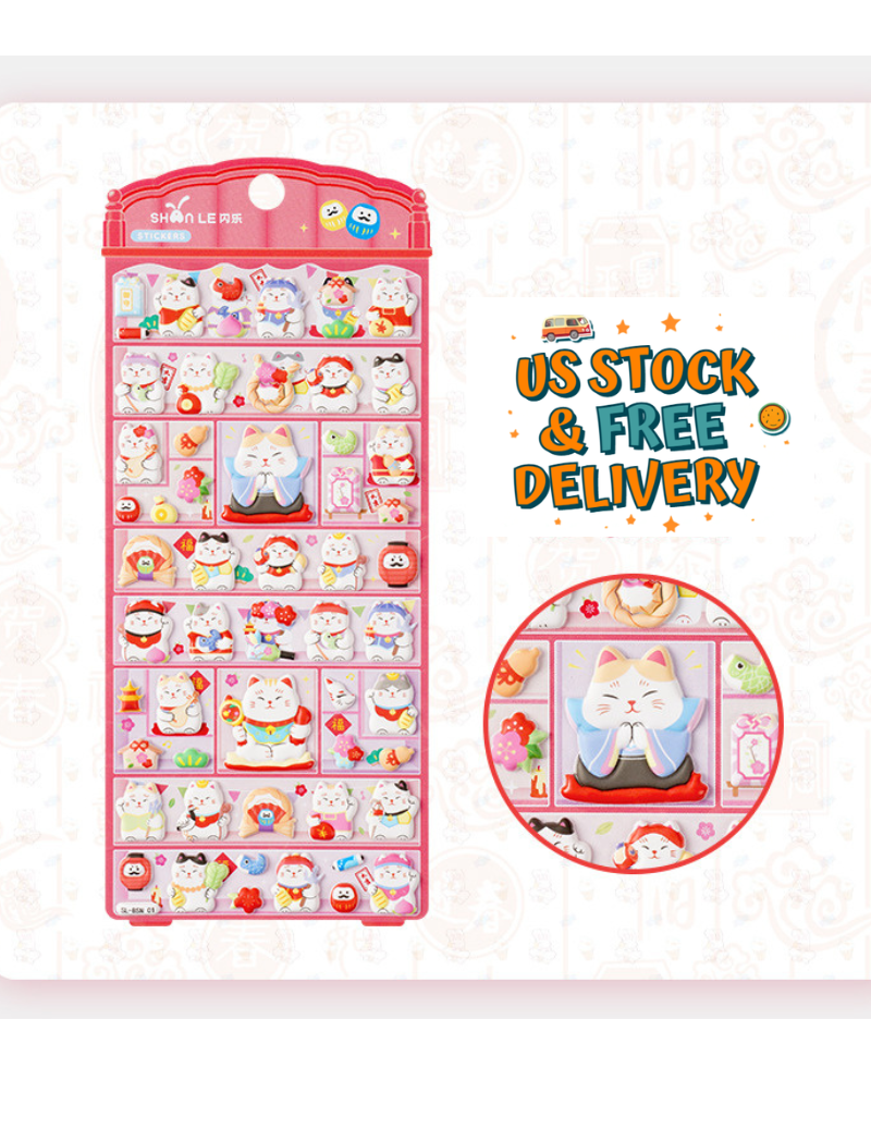 Lucky Cat Puffy Stickers – Kawaii Maneki Neko 3D Sticker Sheet for Kids, Planner, Journal, Scrapbook & Cute Stationery USK006