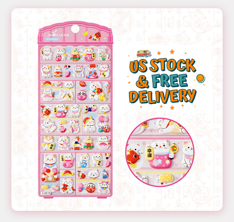Lucky Cat Puffy Stickers – Kawaii Maneki Neko 3D Sticker Sheet for Kids, Planner, Journal, Scrapbook & Cute Stationery USK007