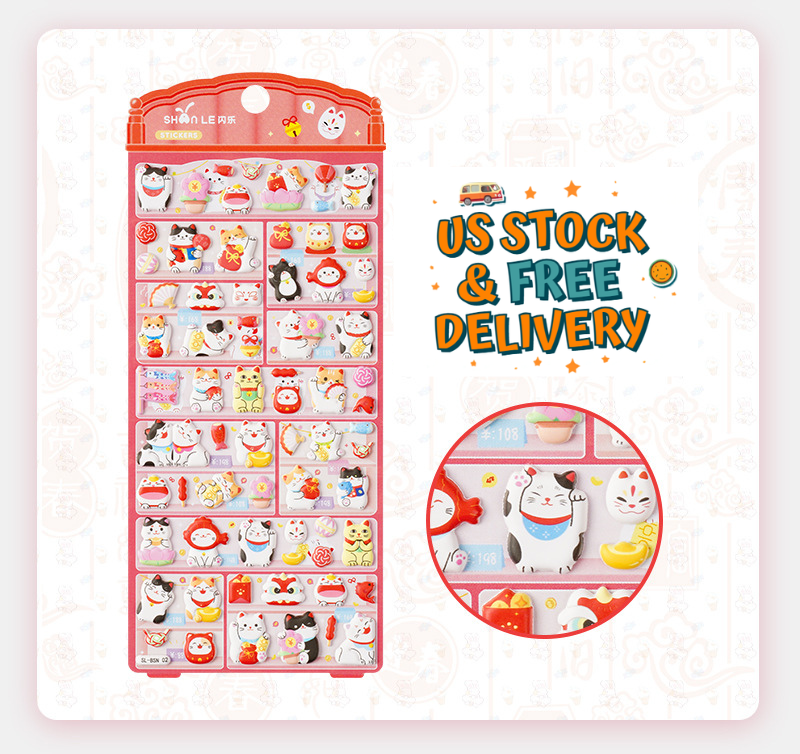 Lucky Cat Puffy Stickers – Kawaii Maneki Neko 3D Sticker Sheet for Kids, Planner, Journal, Scrapbook & Cute Stationery USK008