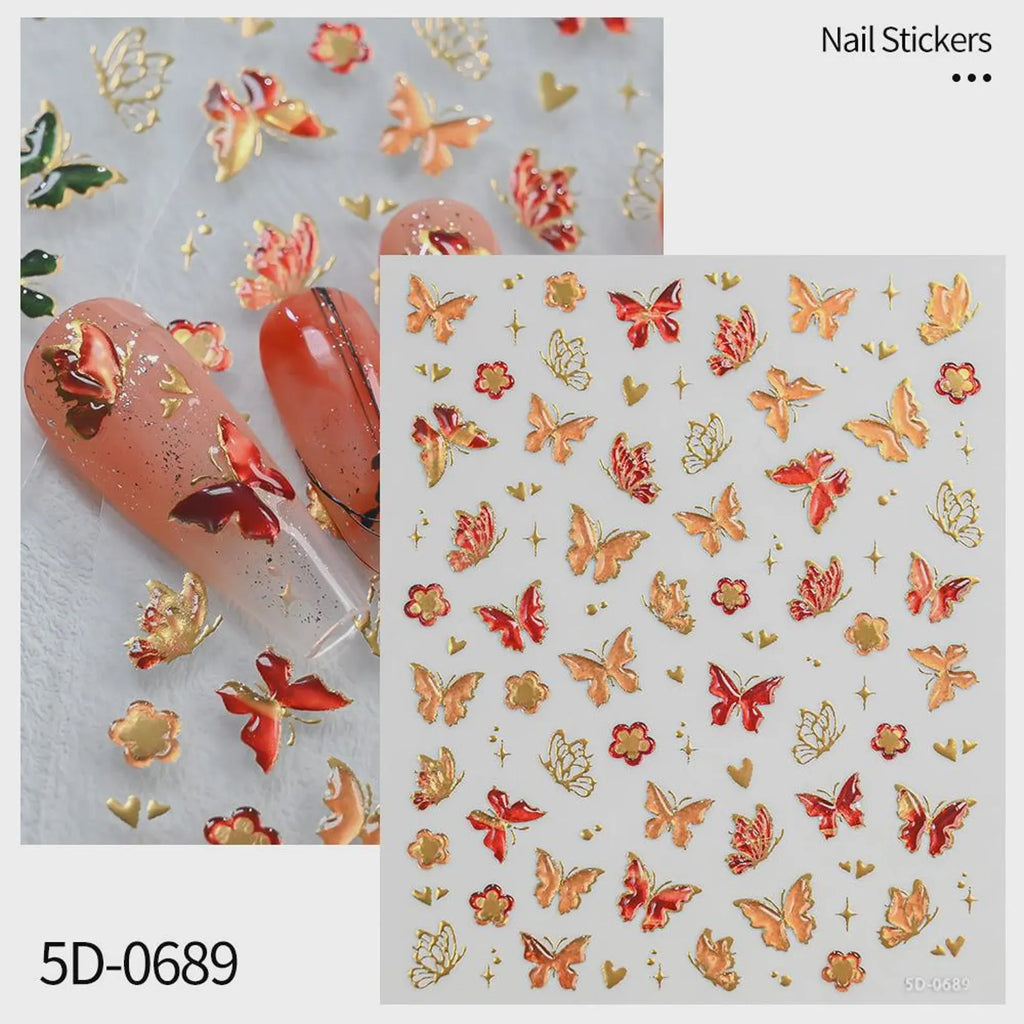 5D Gold & Red Orange Butterfly Nail Stickers | Embossed Metallic Decals | Luxury Chinese New Year Autumn Nail Art