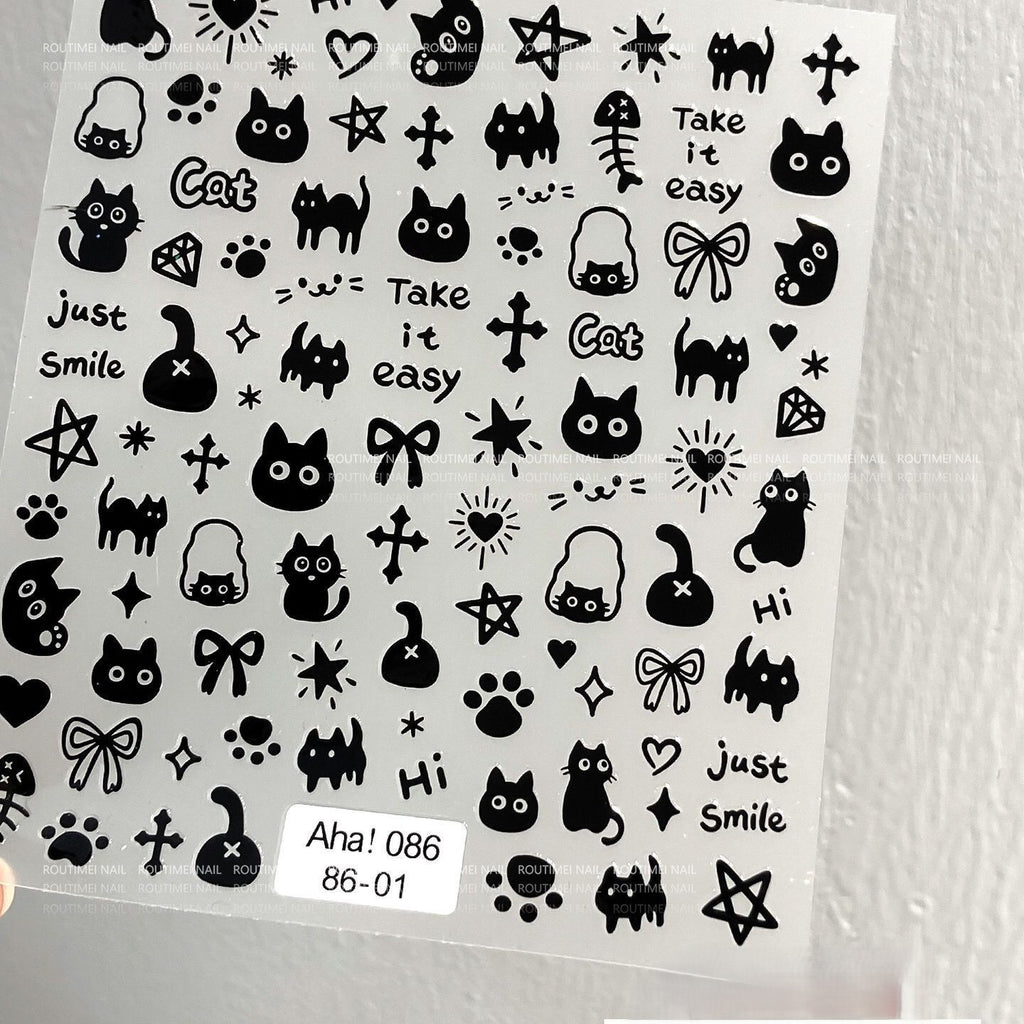 White Chrome Cat Nail Stickers - Aha! 086 Mirror Finish Gothic Kitten Decals, Y2K Cyber Nail Art, Metallic Spooky Cute Stationery (副本)
