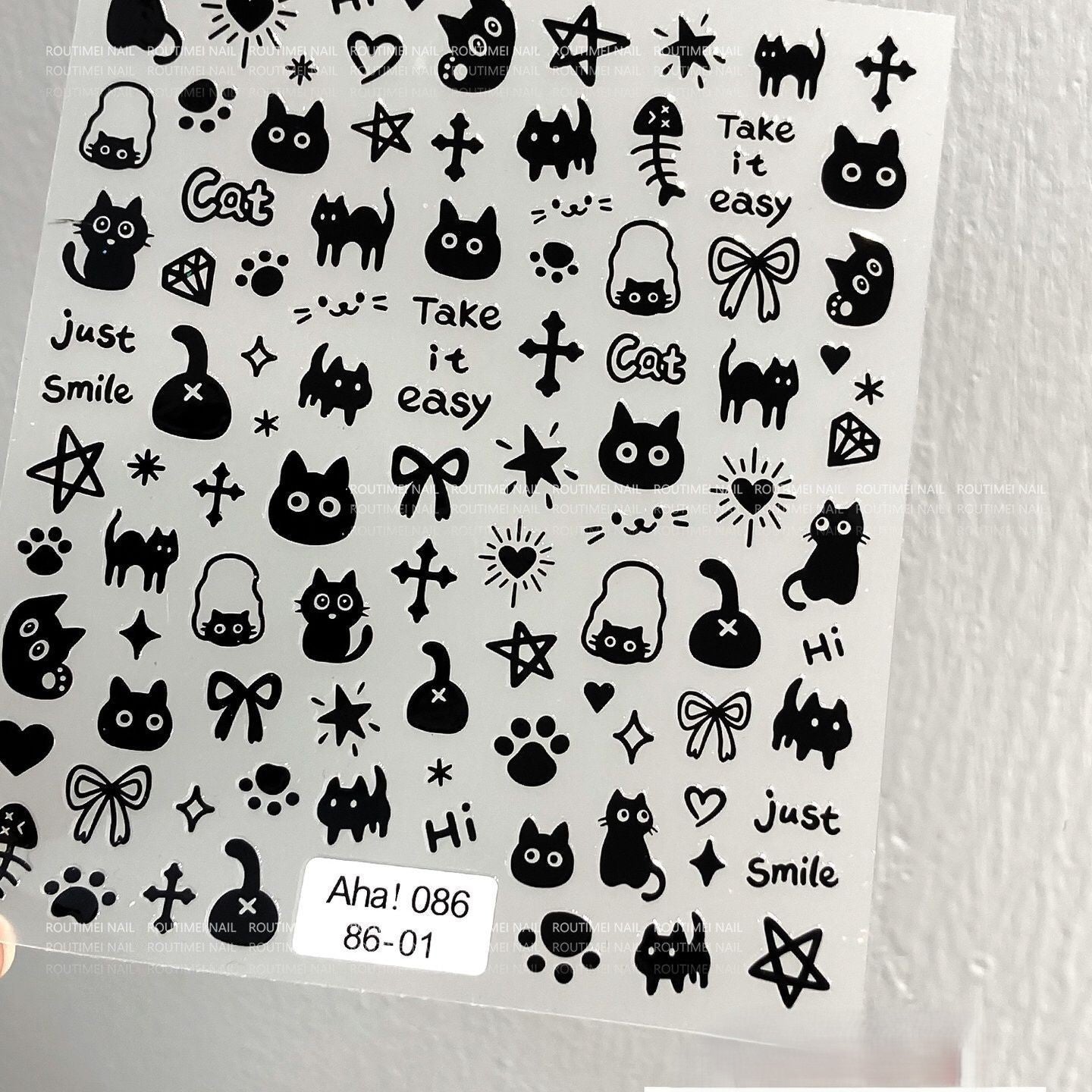 White Chrome Cat Nail Stickers - Aha! 086 Mirror Finish Gothic Kitten Decals, Y2K Cyber Nail Art, Metallic Spooky Cute Stationery (副本)