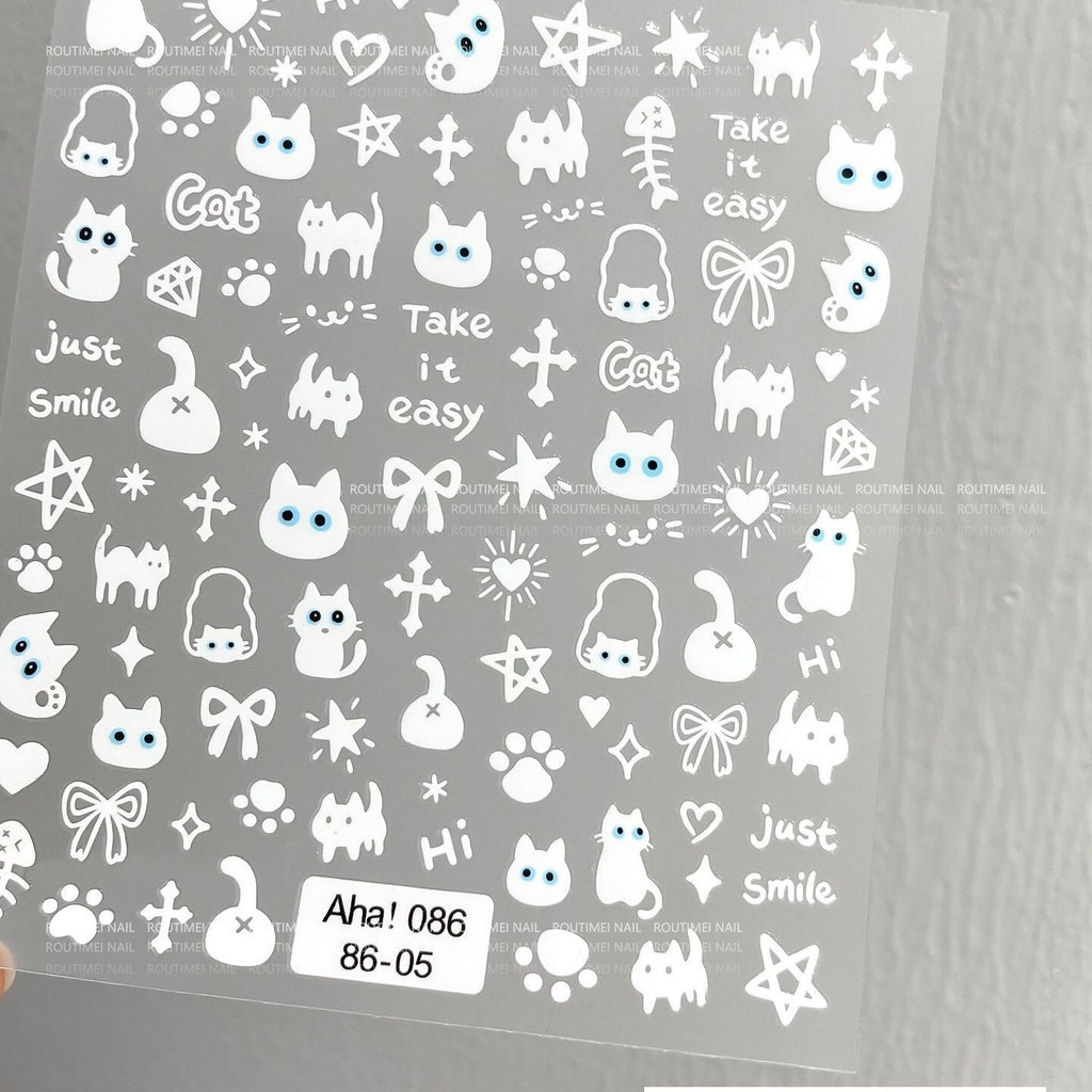 White Chrome Cat Nail Stickers - Aha! 086 Mirror Finish Gothic Kitten Decals, Y2K Cyber Nail Art, Metallic Spooky Cute Stationery (副本)