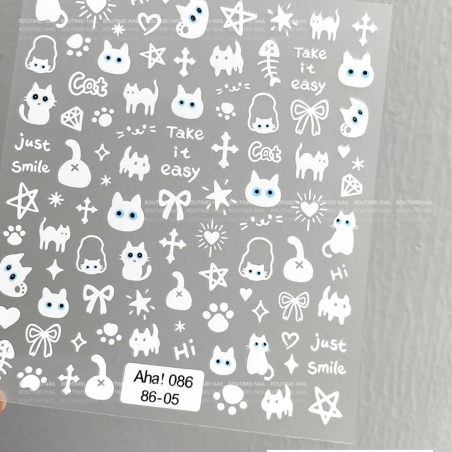 White Chrome Cat Nail Stickers - Aha! 086 Mirror Finish Gothic Kitten Decals, Y2K Cyber Nail Art, Metallic Spooky Cute Stationery (副本)