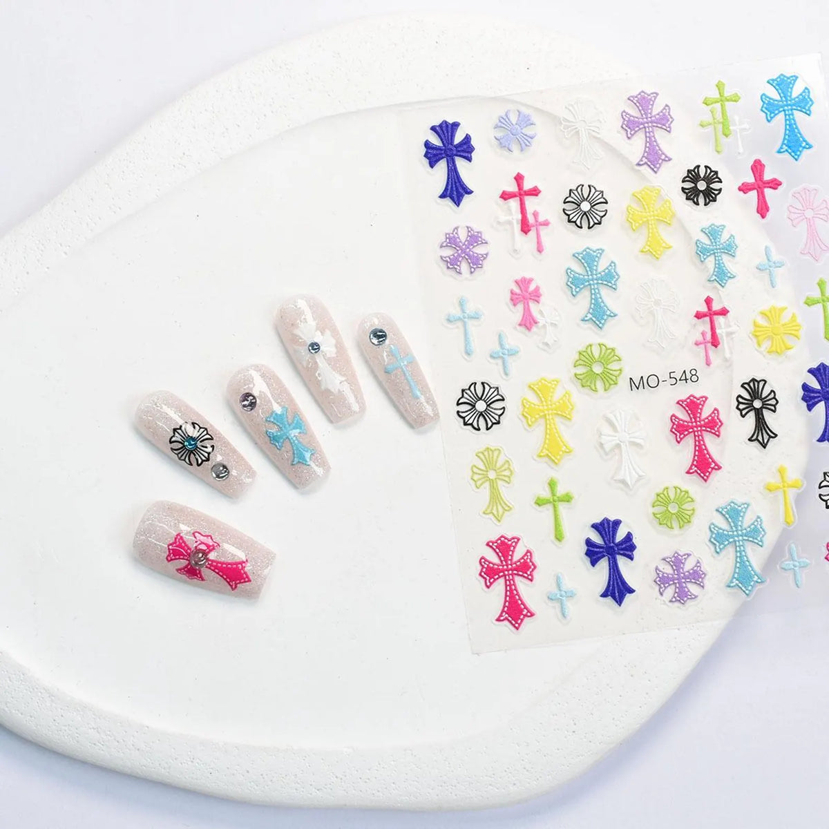 5D Embossed Colorful Gothic Cross Nail Stickers, 3D Textured Chrome Fleur-de-lis Decals, Vibrant Harajuku Punk Retro Cross Nail Art Foil