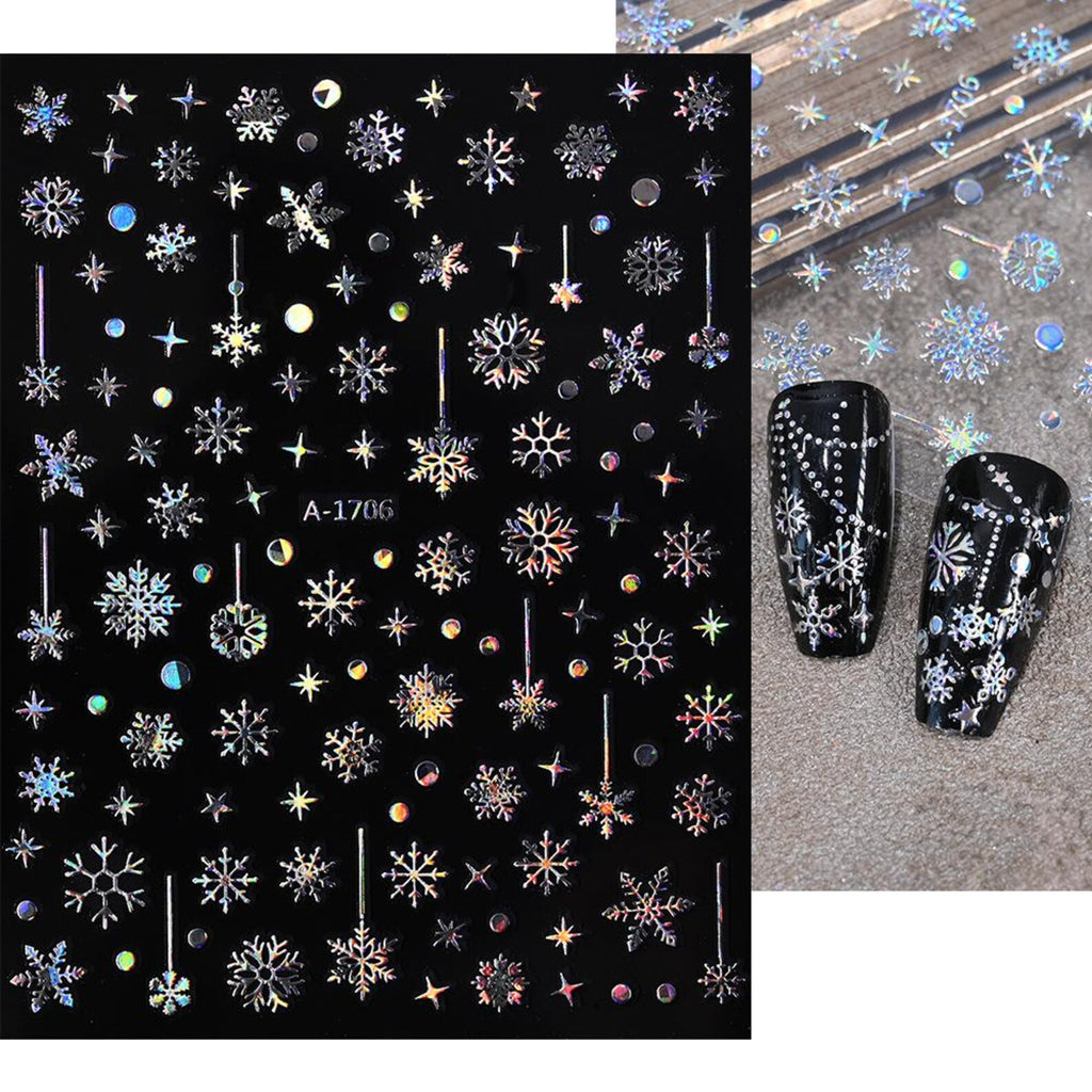 Holographic Snowflake Nail Stickers | Winter Wonderland Christmas Nail Art Decals, Sparkle Stars,3D Laser Silver Holiday Manicure