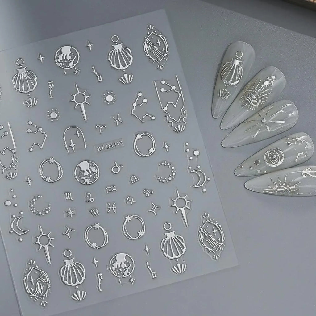3D Metallic Silver Astrology Stickers|Celestial Zodiac Constellation Nail Art Decals Witchy Moon Star Gothic Sliders Witchcore
