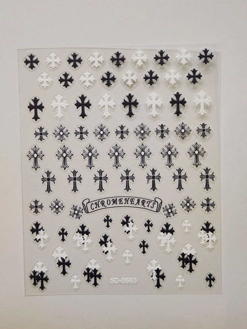 Chrome Hearts Style Gothic Cross Decals | 5D Embossed Black White Cross Stickers | Grunge Punk DIY Nail Art Supplies