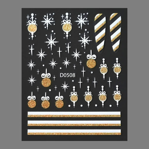 3D Christmas Ornament Nail Stickers, Gold Glitter Starburst Decals, White Bow Bauble French Wrap Winter Holiday Reindeer forest snowfleaks