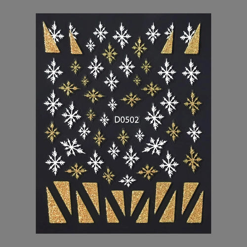 3D Christmas Ornament Nail Stickers, Gold Glitter Starburst Decals, White Bow Bauble French Wrap Winter Holiday Reindeer forest snowfleaks