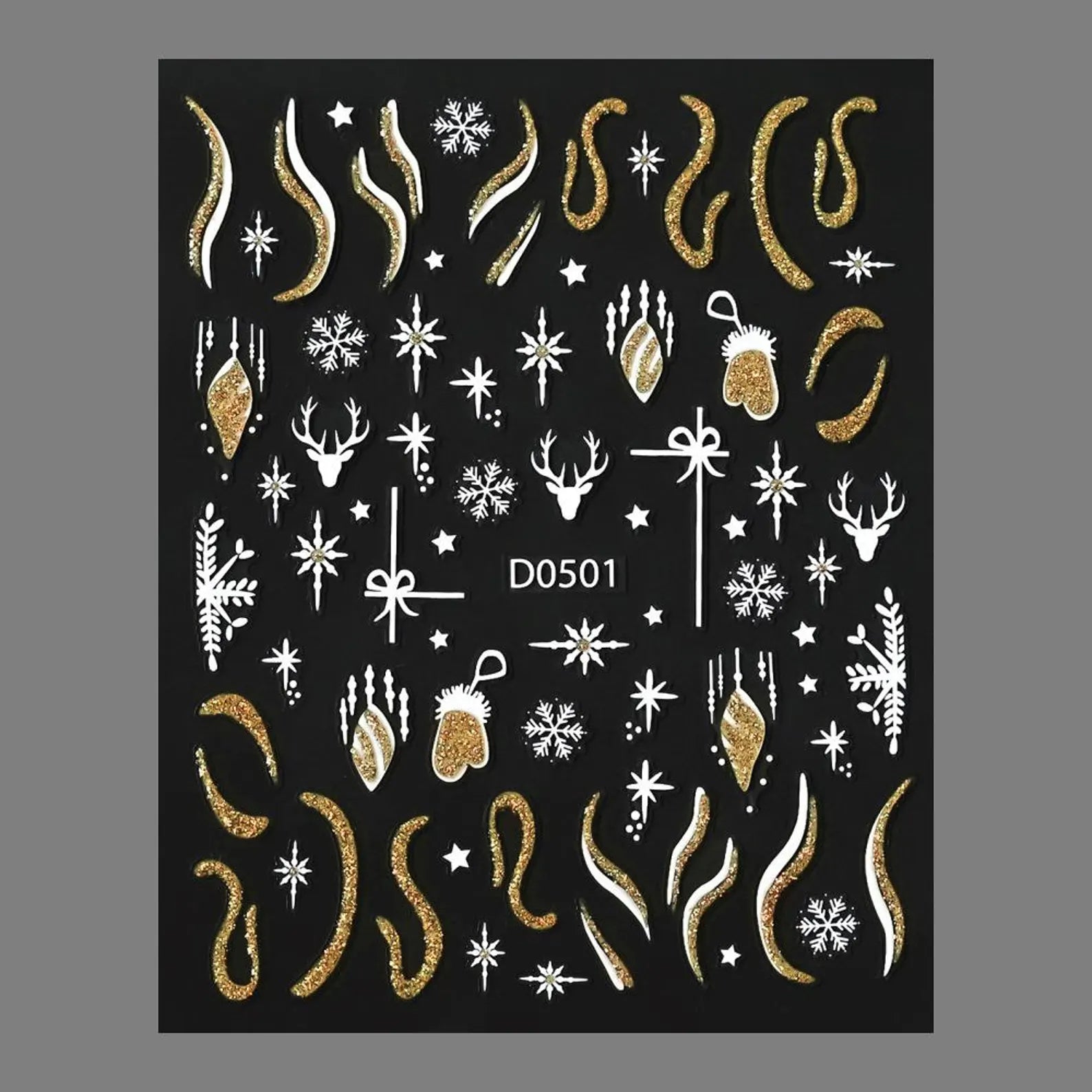 3D Christmas Ornament Nail Stickers, Gold Glitter Starburst Decals, White Bow Bauble French Wrap Winter Holiday Reindeer forest snowfleaks (副本)