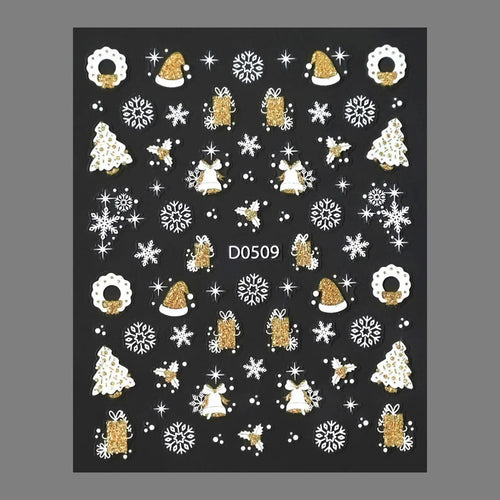 3D Christmas Ornament Nail Stickers, Gold Glitter Starburst Decals, White Bow Bauble French Wrap Winter Holiday Reindeer forest snowfleaks
