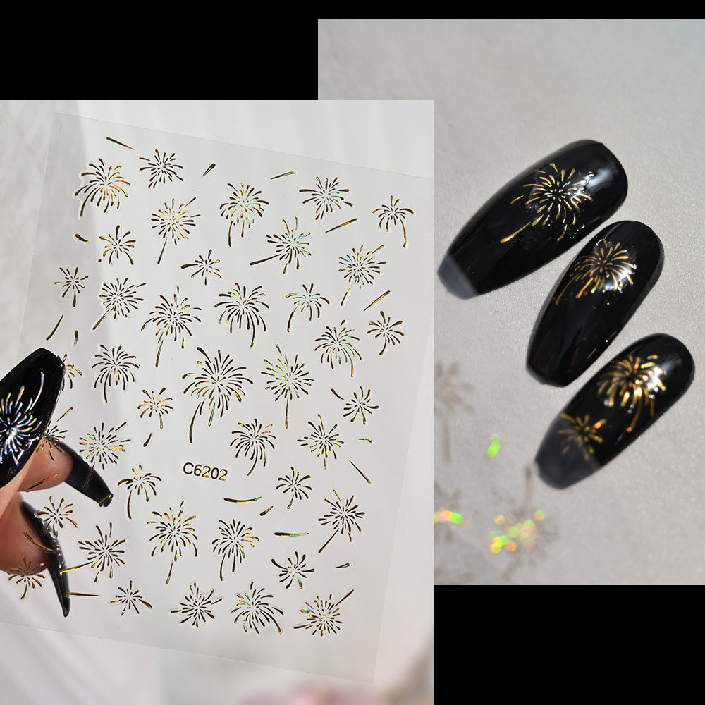 5D Embossed Firework Nail Stickers, 3D Laser silver Sparkle Firecracker Decals, New Year Festival Celebration Nail Art Wrap