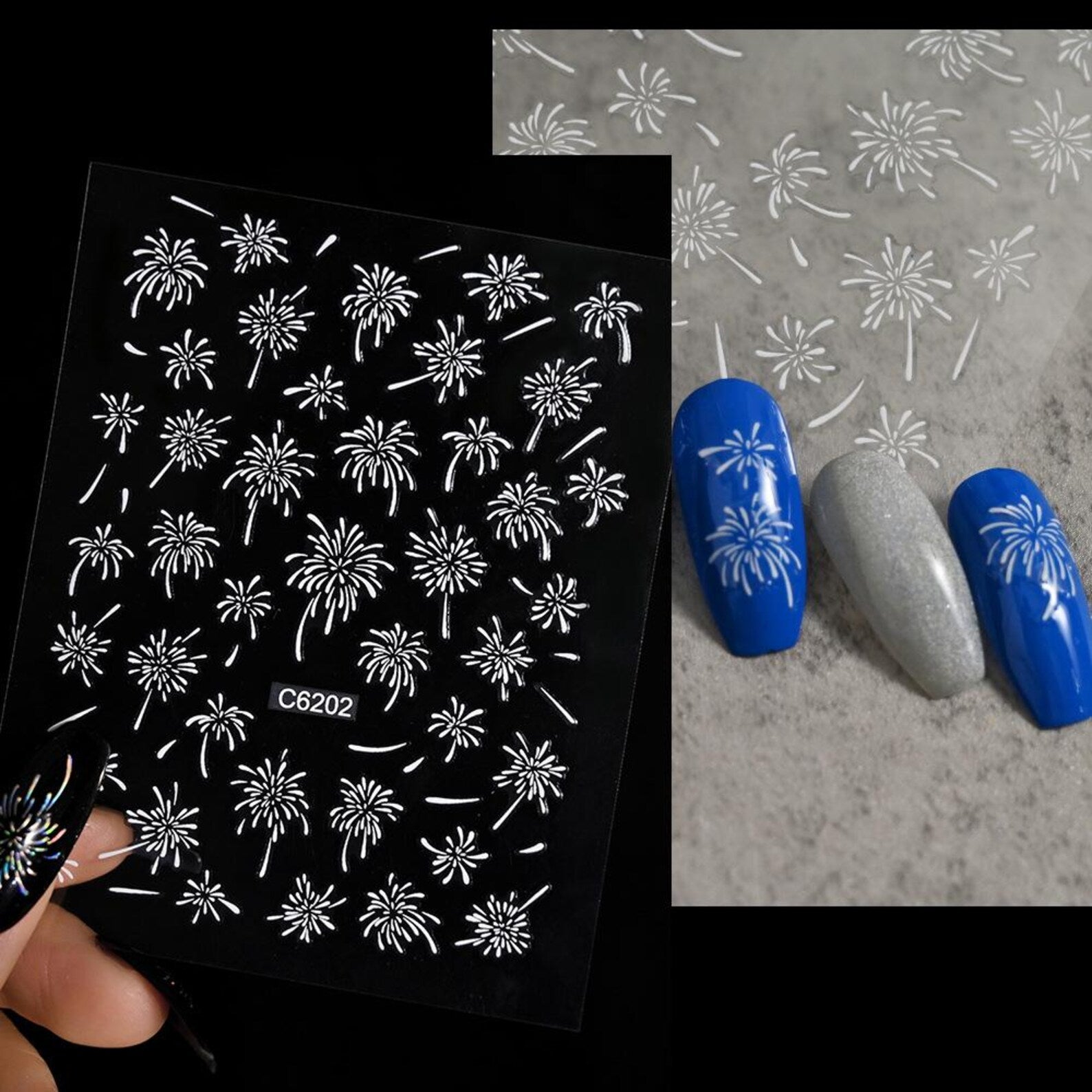 5D Embossed Firework Nail Stickers, 3D Laser white Sparkle Firecracker Decals, New Year Festival Celebration Nail Art Wrap