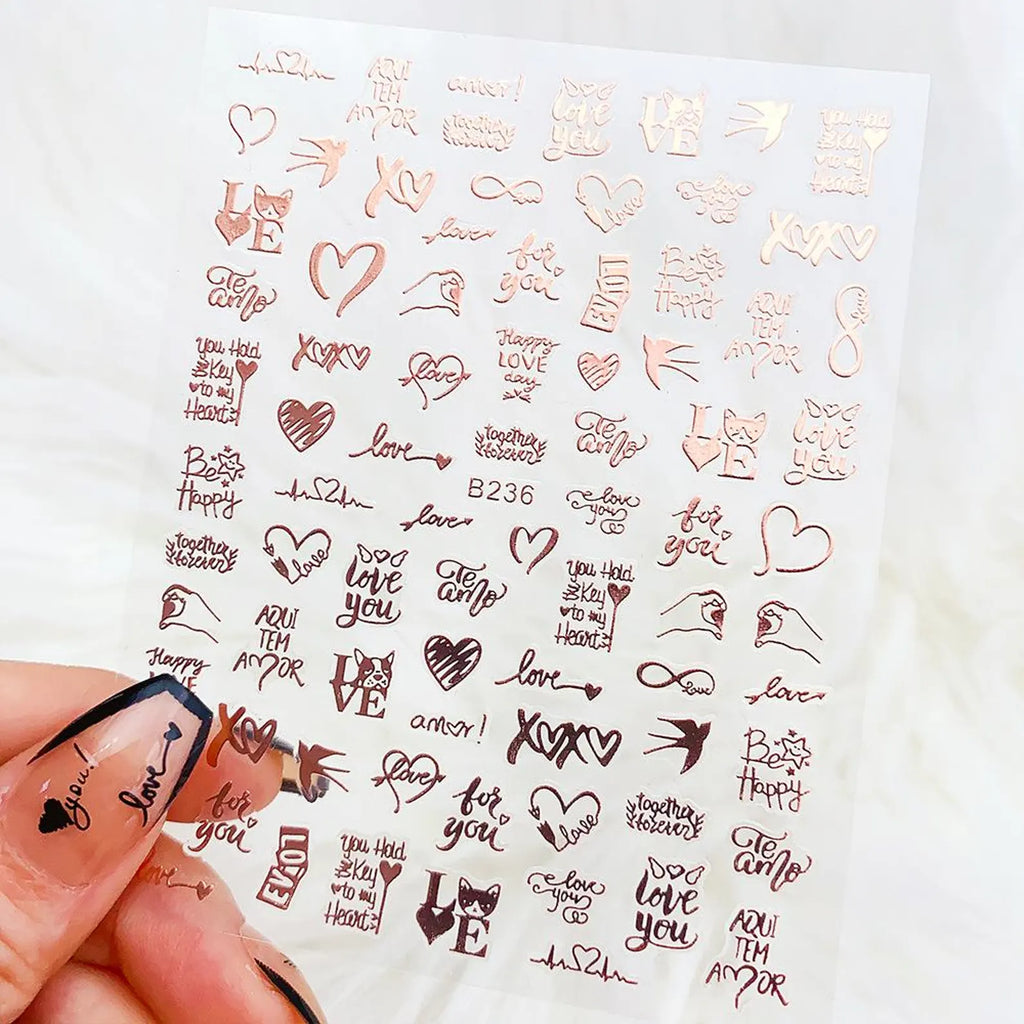 5D Metallic Heart Nail Stickers, 3D Chrome Love Letter Script Decals, Rose Gold /gold/silver/white Laser Silver Y2K Valentine Nail Art Wrap