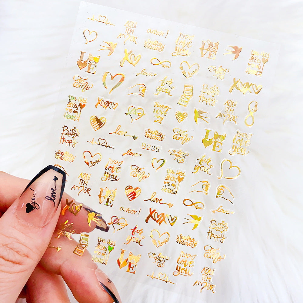 5D Metallic Heart Nail Stickers, 3D Chrome Love Letter Script Decals, Rose Gold /gold/silver/white Laser Silver Y2K Valentine Nail Art Wrap