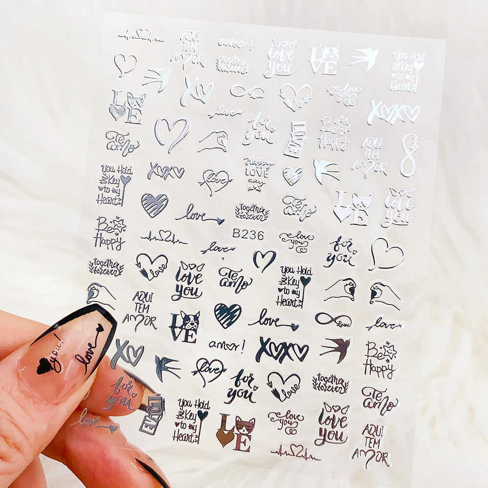 5D Metallic Heart Nail Stickers, 3D Chrome Love Letter Script Decals, Rose Gold /gold/silver/white Laser Silver Y2K Valentine Nail Art Wrap
