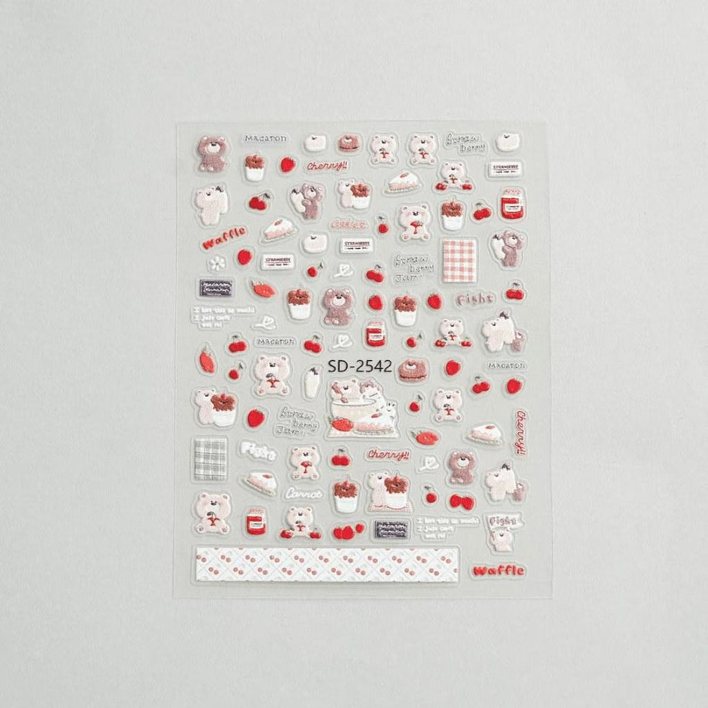 5D Textured Embroidery Bear Stickers – Cherry, Strawberry, Picnic Decals (SD-2542)