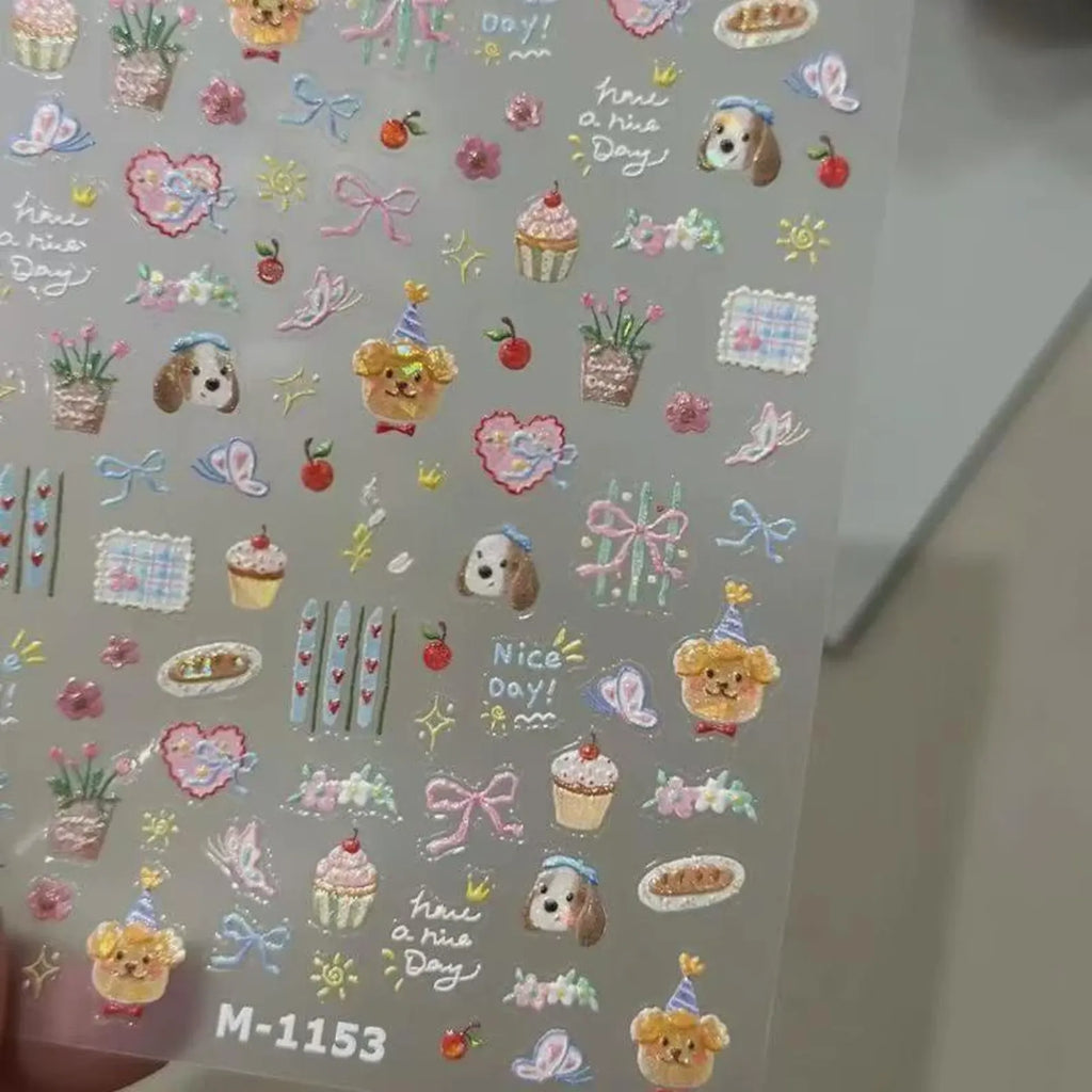 3D Kawaii Puppy Dessert Nail Art Stickers | Embossed Pastel Decals (DIY Manicure)