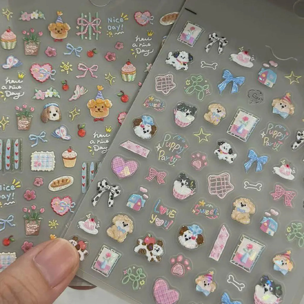 3D Kawaii Puppy Dessert Nail Art Stickers | Embossed Pastel Decals (DIY Manicure)