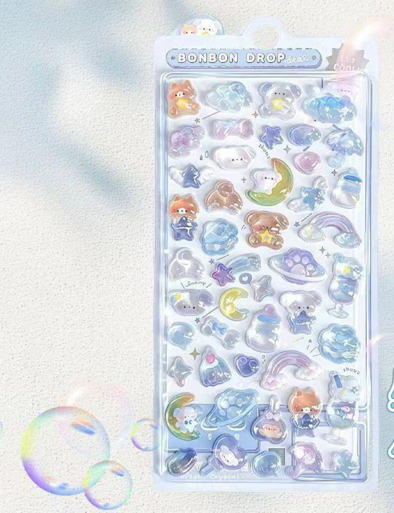 Crystal Gummy Puppy Stickers - Bonbon Drop Starry Night 3D Epoxy Stickers, Kawaii Dog & Moon Decals, multi use