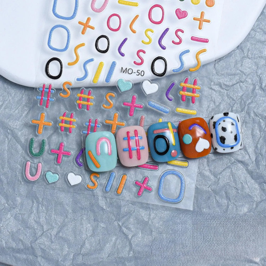 Abstract Doodle Nail Stickers – 5D Textured Geometric Decals, Y2K Retro Nail Art MO-50