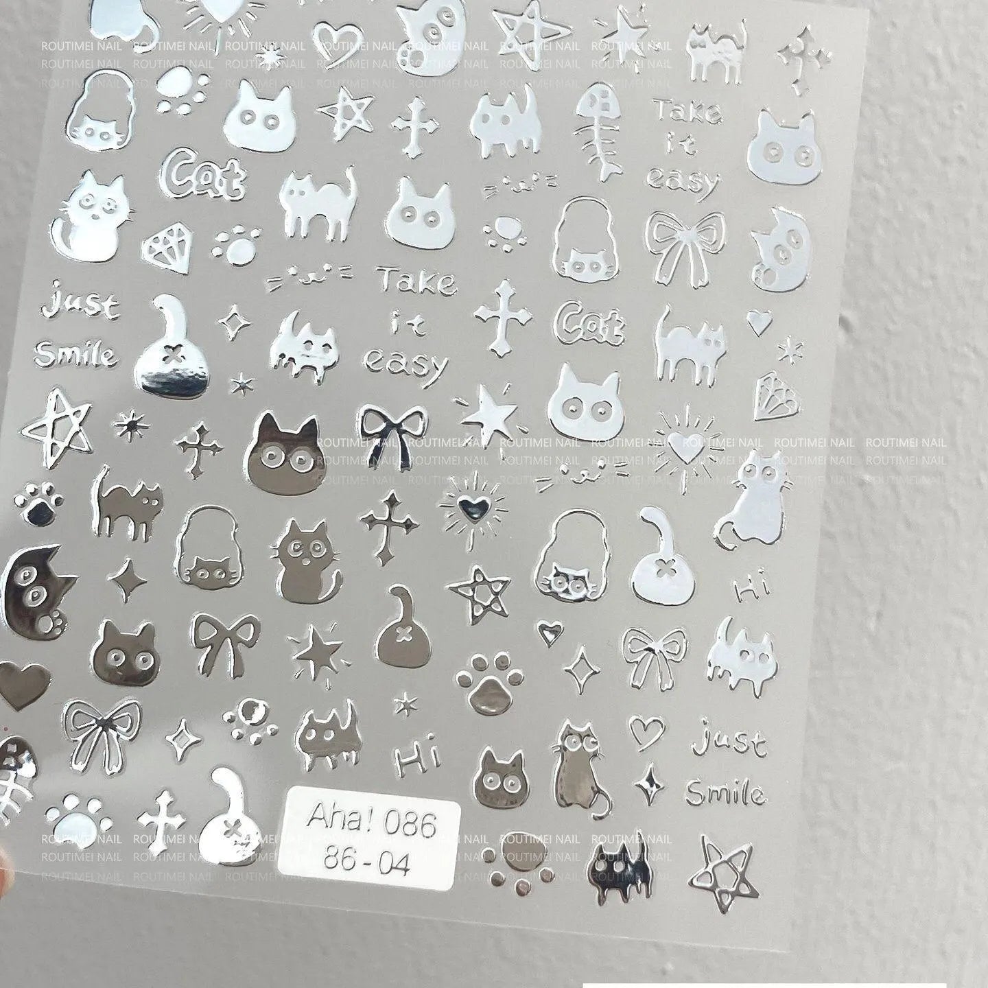 Silver Chrome Cat Nail Stickers - Aha! 086 Mirror Finish Gothic Kitten Decals, Y2K Cyber Nail Art, Metallic Spooky Cute Stationery