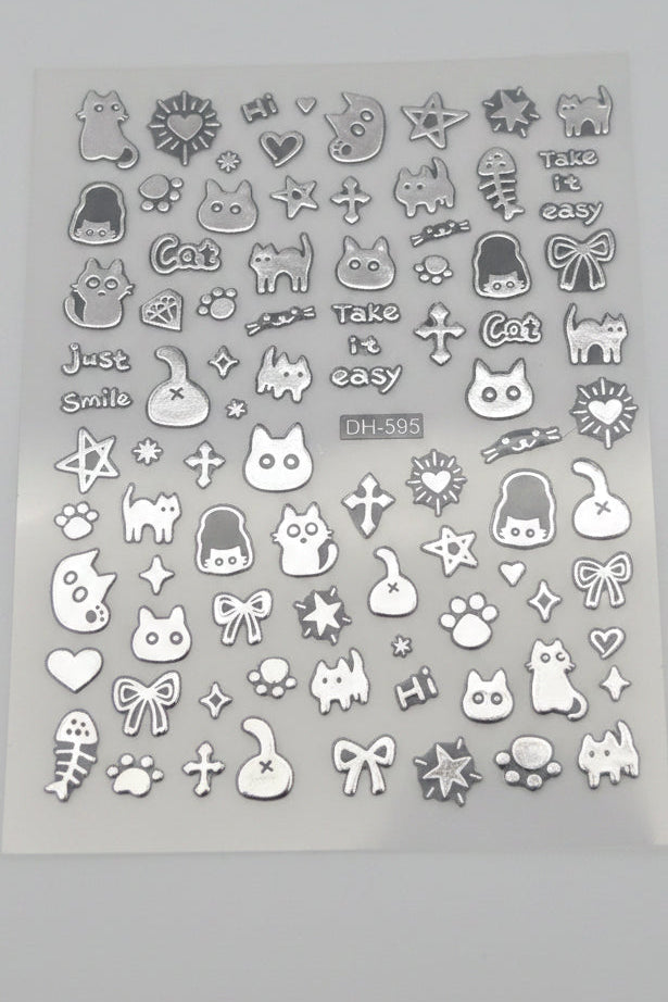 Silver Chrome Cat Nail Stickers - Aha! 086 Mirror Finish Gothic Kitten Decals, Y2K Cyber Nail Art, Metallic Spooky Cute Stationery