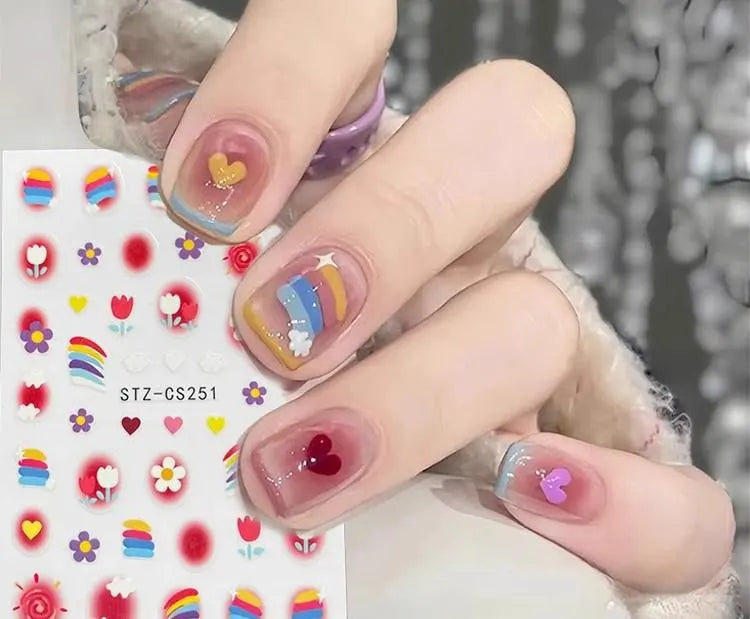 Kawaii Doodle Nail Stickers - "Happy Every Day" Hand-Drawn Nail Decals | Pink Stars, Hearts, and Cute Characters | Aesthetic DIY Nail Art
