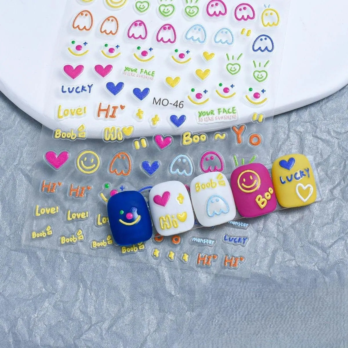 Kawaii Nail Stickers – Smiley Heart Ghost Nail Art Decals (Y2K Korean Style)