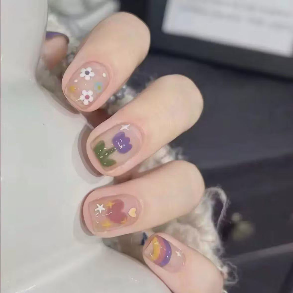 Cute Rainbow Flower Nail Stickers – Kawaii Tulip Heart Nail Art Decals